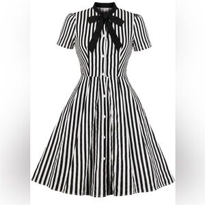 Elegant Monochrome Striped Dress with Bow